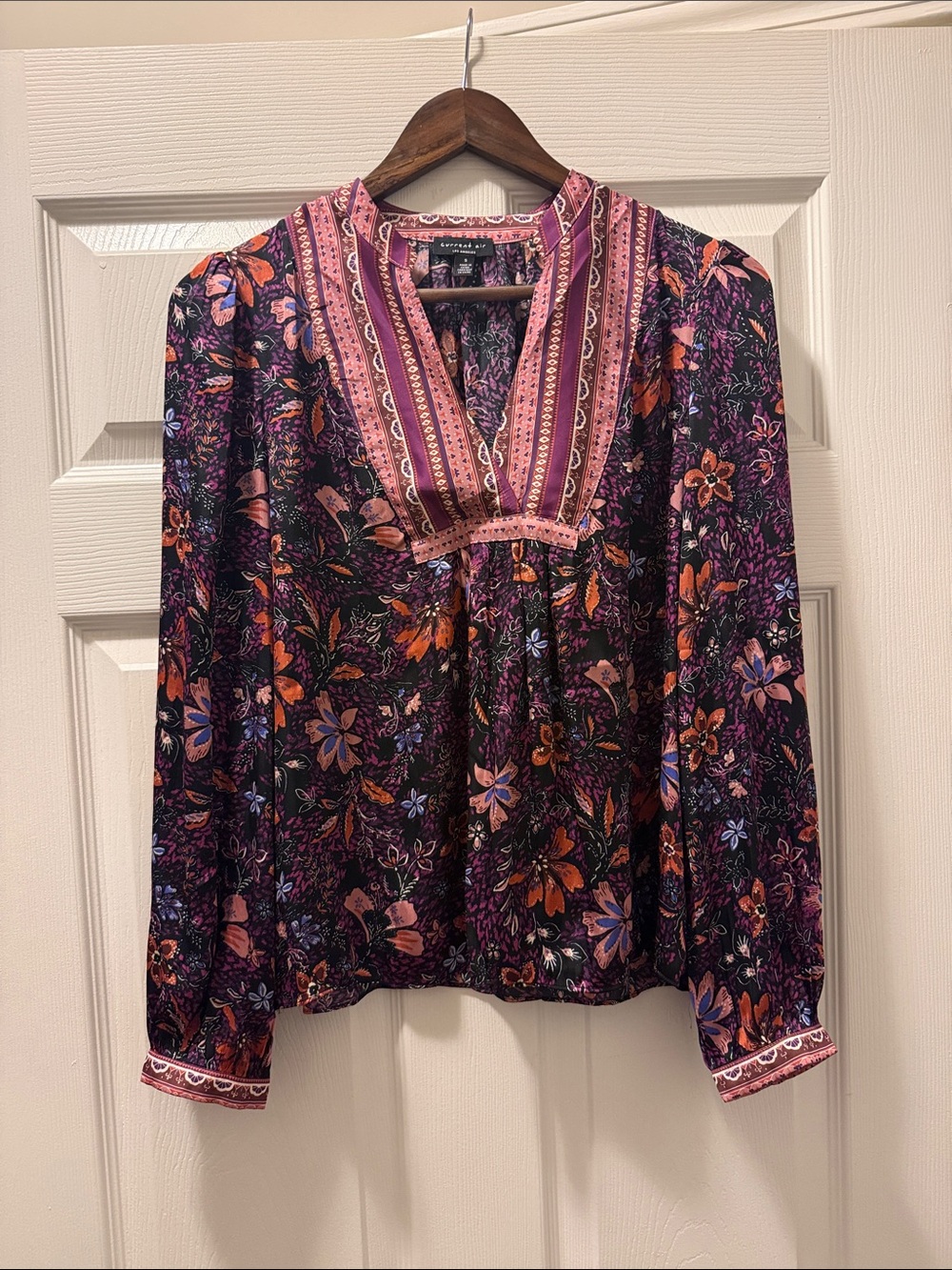 Current Air Floral V-Neck Peasant Blouse in Purple & Pink